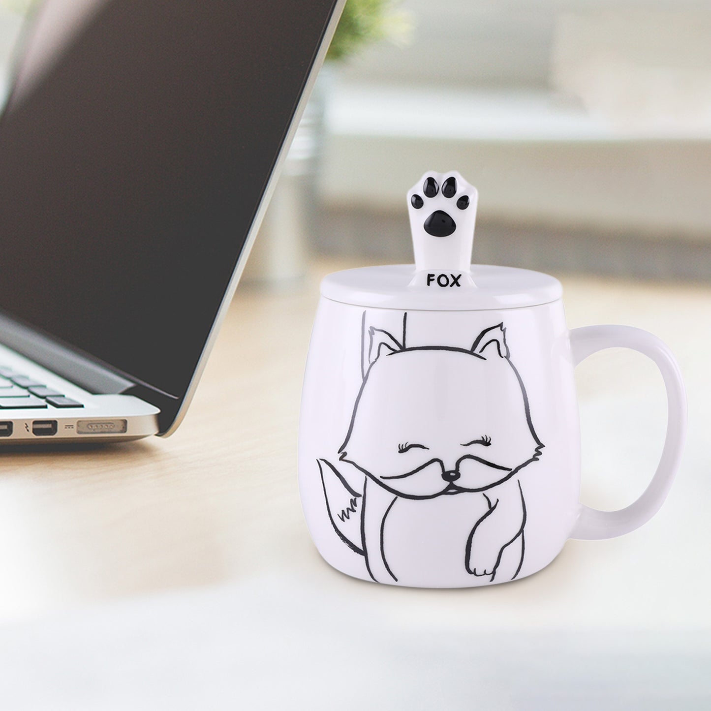 Tocooto 16 oz Cute Ceramic Fox Coffee Mug Funny Fox Paw Mug Tea Cup with Lid for Cell Phone Holder