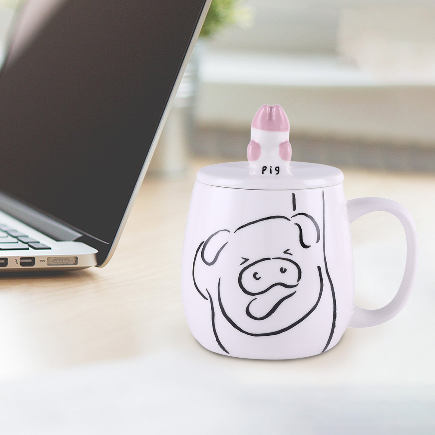 Tocooto 16 oz Cute Ceramic Pig Coffee Mug Funny Pig Paw Mug Tea Cup with Lid for Cell Phone Holder
