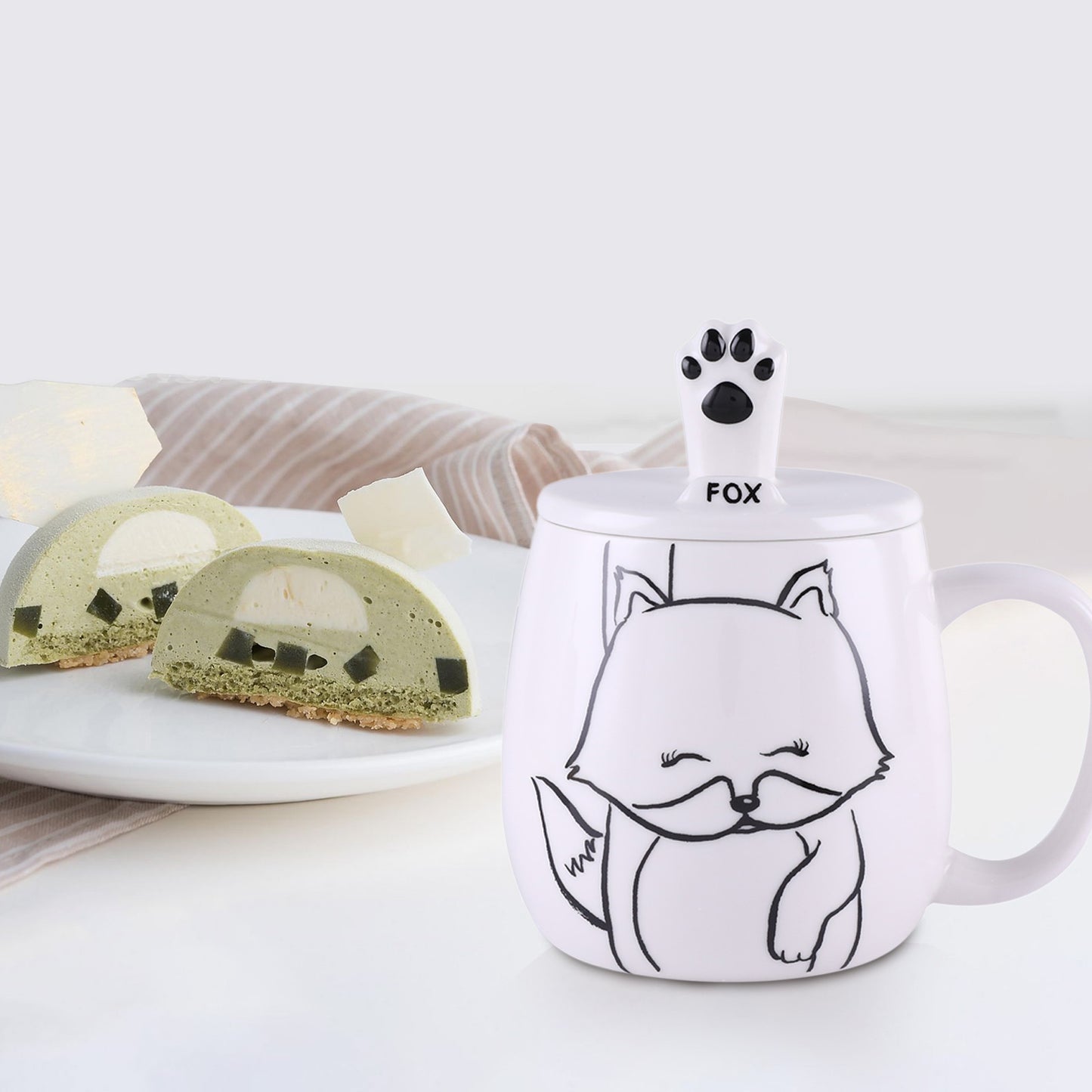 Tocooto 16 oz Cute Ceramic Fox Coffee Mug Funny Fox Paw Mug Tea Cup with Lid for Cell Phone Holder
