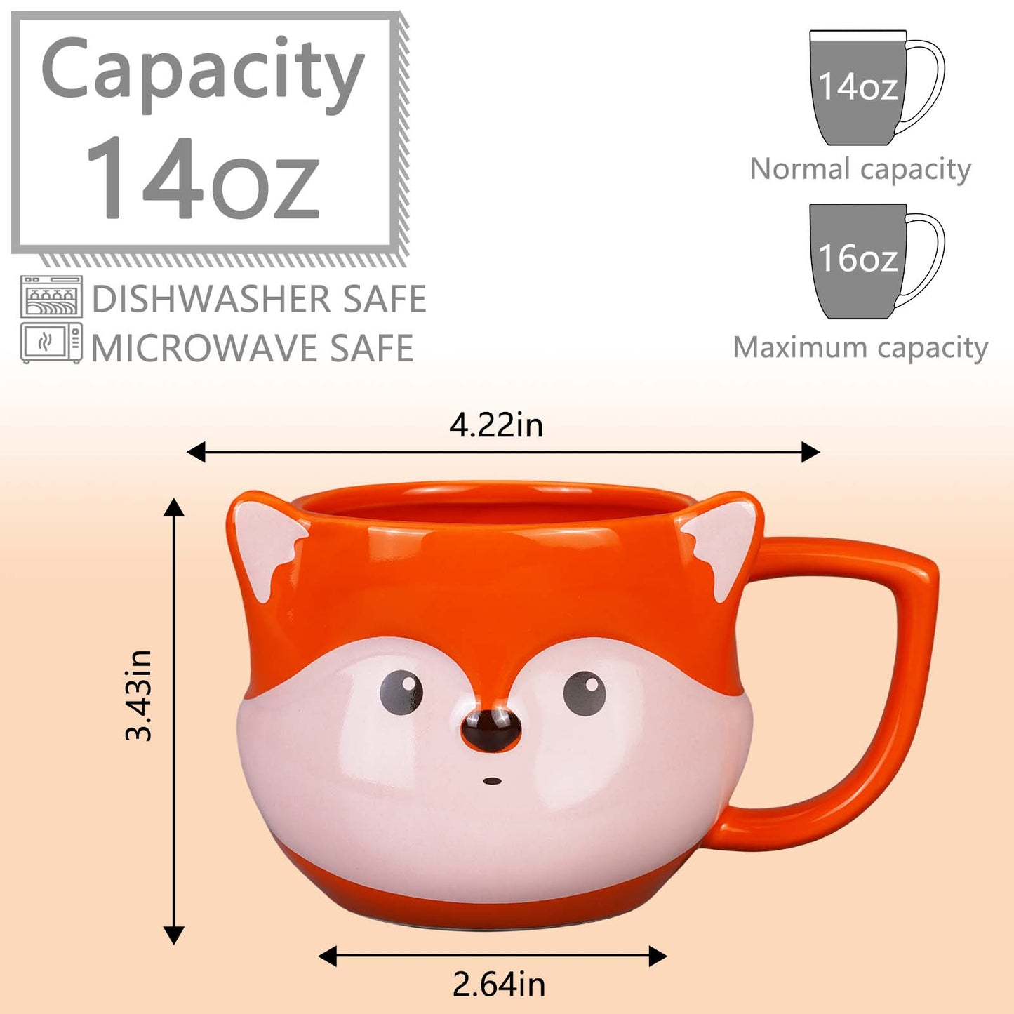 ToCooTo Fox Mug 14 oz Cute Ceramic Coffee Mug 3D Porcelain Tea Mug for Women Kawaii Cup Fox Gifts for Women Christmas Gifts Housewarming Holiday Birthday Gifts for Women Mom Kids Men Friend Orange