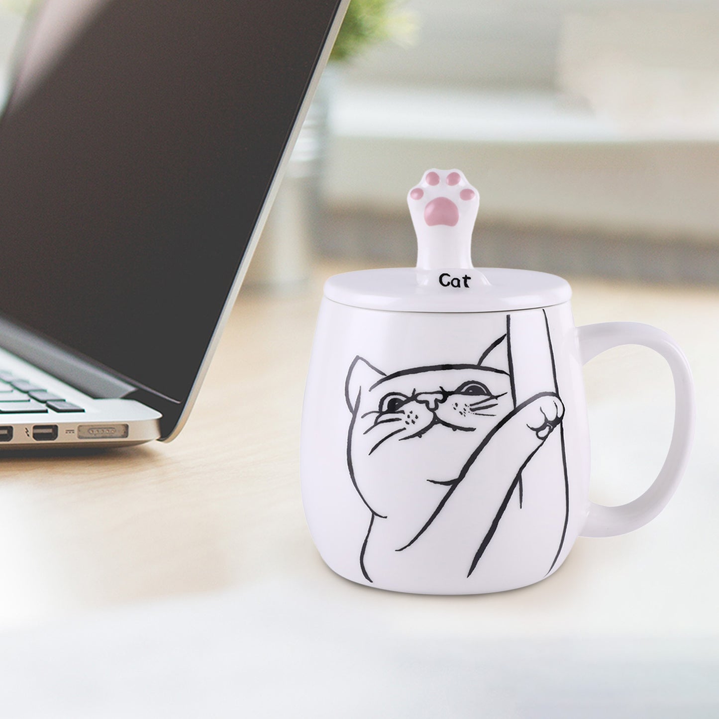 Tocooto 16 oz Cute Ceramic Cat Coffee Mug Funny Cat Paw Mug Tea Cup with Lid for Cell Phone Holder