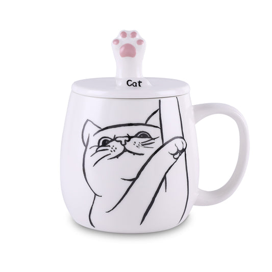 Tocooto 16 oz Cute Ceramic Cat Coffee Mug Funny Cat Paw Mug Tea Cup with Lid for Cell Phone Holder